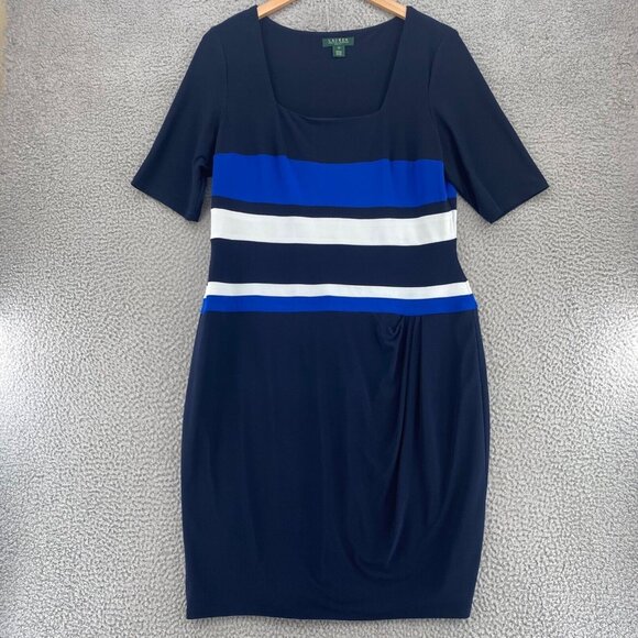 Lauren Ralph Lauren Dress Womens 18 Plus Blue Colorblock Jersey Bodycon Stretch - Picture 1 of 11